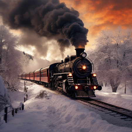 Steam locomotive in the snowy forest at sunset. Vintage styles.の素材