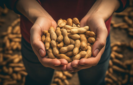 Peanut in the hands of a farmer on the background of peanutsの素材