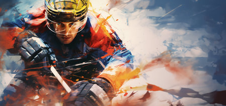 Handsome rider in helmet and colorful paint splashes. Mixed mediaの素材