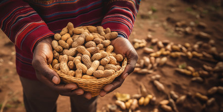 Farmer holding a basket full of peanuts in the field, healthy food conceptの素材
