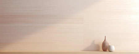 Wooden wall with vase and cup of coffee. 3d renderingの素材