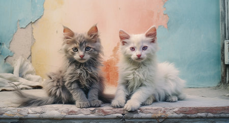 Two kittens sitting on the windowsill and looking at the camera.の素材