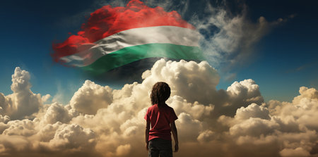 Child with Hungary flag cloud on blue sky. 3D Renderingの素材