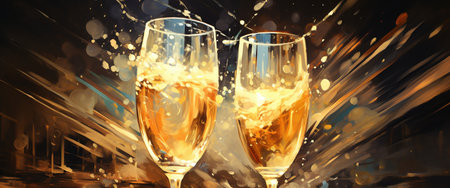 Glasses of champagne with splashes on abstract background. 3d illustrationの素材