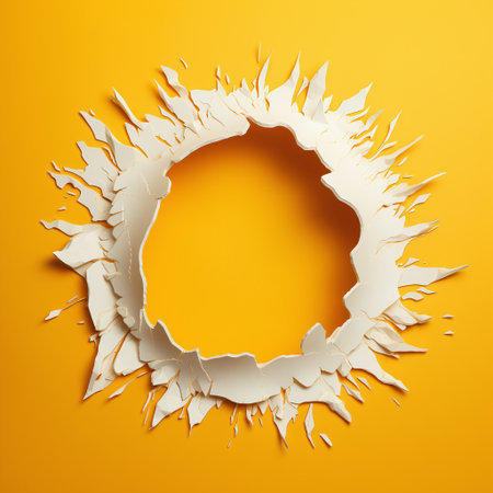 round hole cut from paper on yellow background. Center with transparent backgroundの素材