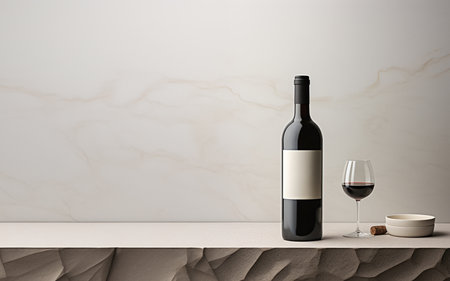 Wine and a glass on a wooden tabletop and a beige backgroundの素材