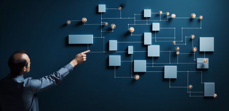 person's hand drawing flowchart with circular arrows on blue background. Showing the company's action plan, development plan during a brainstorming session.の素材