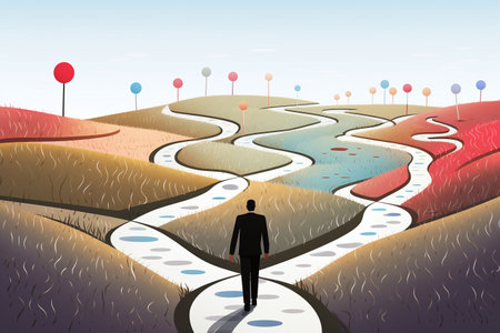 a businessman walking ahead is faced with the decision of choosing a business path. simple illustrationの素材