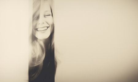 part of a female portrait on a beige background with space for textの素材