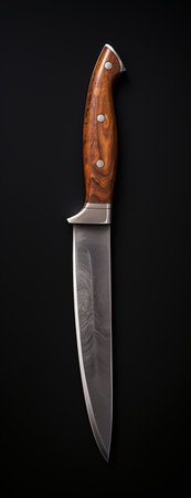 Hunting knife with wooden handle on black background. Top view.の素材