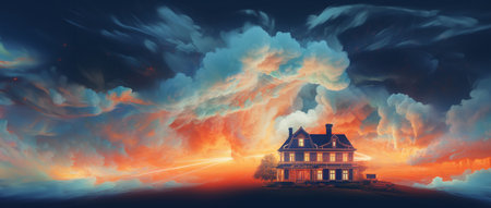 House on the background of the sunset sky. 3D illustrations.の素材