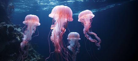 Jellyfish swimming in the deep blue sea. Panoramic view.の素材