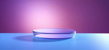 Blue and purple background with round podium. 3d render illustration.の素材