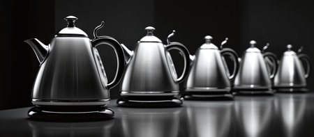 3d rendering of a group of metal teapots on a black backgroundの素材