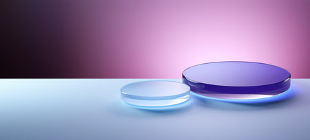 3d rendering of a blue glass podium on a purple background.の素材