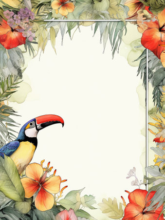 Tropical frame with toucan, hibiscus flowers and leaves. Hand drawn watercolor illustrationの素材
