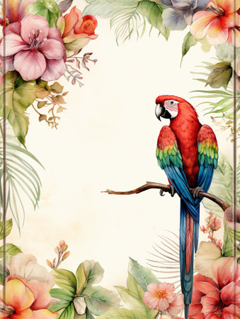 Tropical background with parrot and flowers. Watercolor illustrationの素材