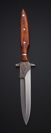 Hunting knife with a wooden handle on a black background close-upの素材
