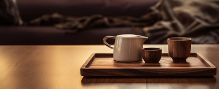 Coffee cup and teapot on wooden tray in coffee shopの素材