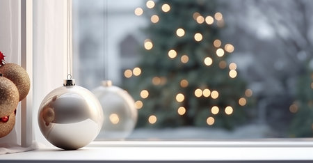Christmas decoration on window sill with bokeh background, 3d renderの素材