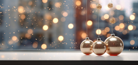 Golden christmas baubles on window sill with bokeh backgroundの素材