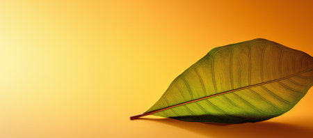 Banner of green leaf isolated on orange background with copy space.の素材