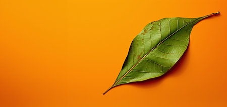 Green leaf on orange background. Flat lay, top view, copy spaceの素材