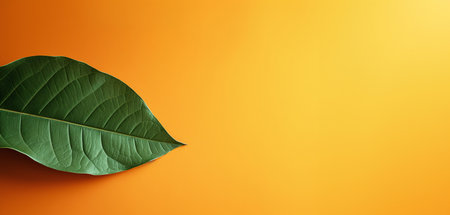 Green leaf on orange background with copy space for text and design.