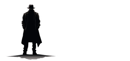 Silhouette of a man in a coat and hat on a white backgroundの素材