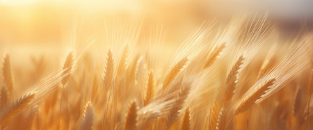 Wheat field at sunset. Ears of golden wheat close-up. Rich harvest concept.の素材