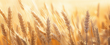 Ears of wheat close-up on a background of the fieldの素材