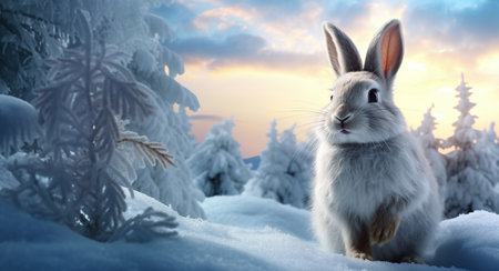 Easter bunny in the winter forest. 3d render illustration.の素材