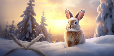 3d rendering of a cute rabbit in the snowy forest at sunsetの素材