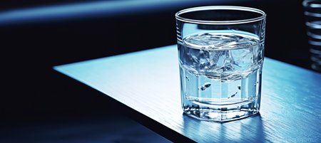 Glass of water with ice on blue background. 3D illustrations.の素材