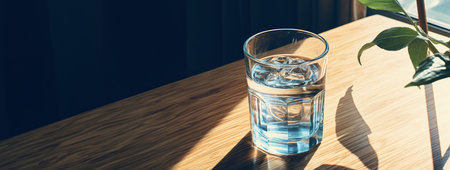 Glass of water with ice cubes on a wooden table in the sunlightの素材