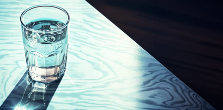 Glass of water on the table. Blue tint. 3D renderingの素材