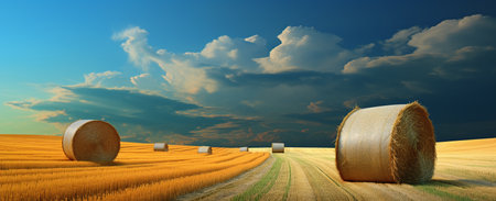 Agricultural field with hay bales and blue sky with cloudsの素材