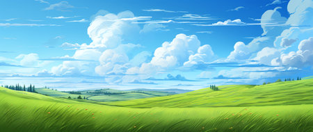 Green meadow and blue sky with white clouds. Vector illustration.の素材