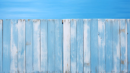 Blue wooden fence with blue sky and white clouds. Abstract background.の素材