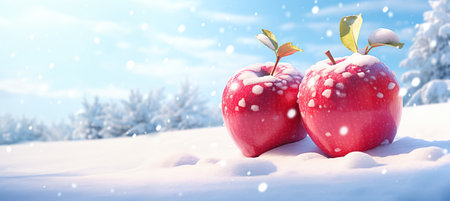 Two red apples covered with snow in the winter forest. 3d renderingの素材