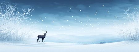 Winter landscape with deer and falling snowflakes. Panoramic banner.の素材