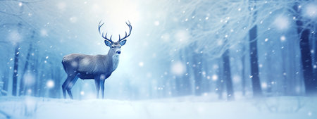 Deer in winter forest. Panoramic banner with copyspaceの素材