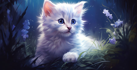 Cute white kitten with blue eyes sitting in the grass with bluebellsの素材