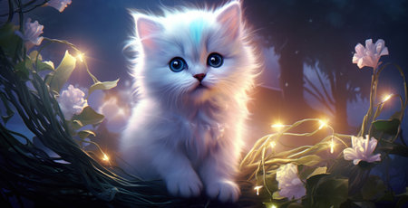 White kitten with blue eyes and flowers on a dark background with lightsの素材