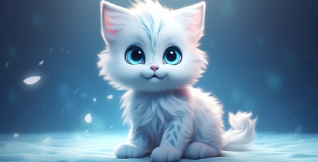 Cute white kitten with blue eyes on a blue background. 3d renderingの素材