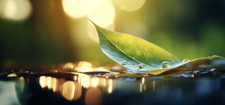Water drop on green leaf with bokeh sun light background.の素材