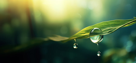 Water drop on green leaf with sunlight. Nature background with copy space.の素材