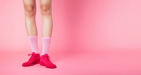 Female legs in pink socks and pink sneakers on a pink background.の素材