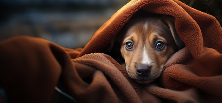 Cute puppy under a blanket on the beach. Puppy under a blanket.の素材