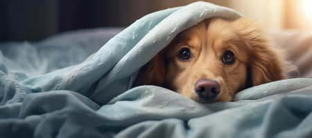 Cute dog under the blanket in the bedroom. Pet concept.の素材